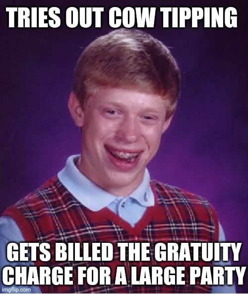 Wait what? | TRIES OUT COW TIPPING; GETS BILLED THE GRATUITY CHARGE FOR A LARGE PARTY | image tagged in memes,bad luck brian | made w/ Imgflip meme maker