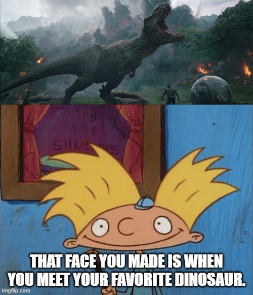 Arnold Shortman Meets Tyrannosaurus Rex | THAT FACE YOU MADE IS WHEN YOU MEET YOUR FAVORITE DINOSAUR. | image tagged in hey arnold,jurassic park,jurassic world,dinosaurs,t-rex | made w/ Imgflip meme maker