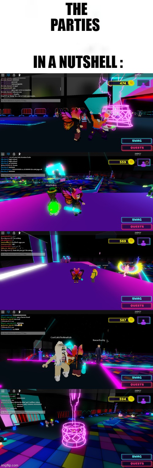 The parties | THE PARTIES; IN A NUTSHELL : | image tagged in roblox,party | made w/ Imgflip meme maker