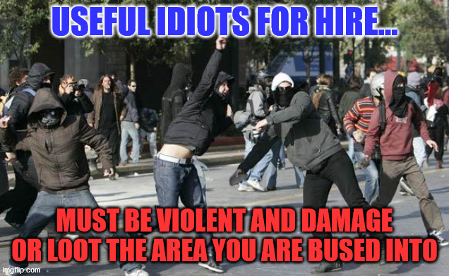 rioters | USEFUL IDIOTS FOR HIRE... MUST BE VIOLENT AND DAMAGE OR LOOT THE AREA YOU ARE BUSED INTO | image tagged in rioters | made w/ Imgflip meme maker