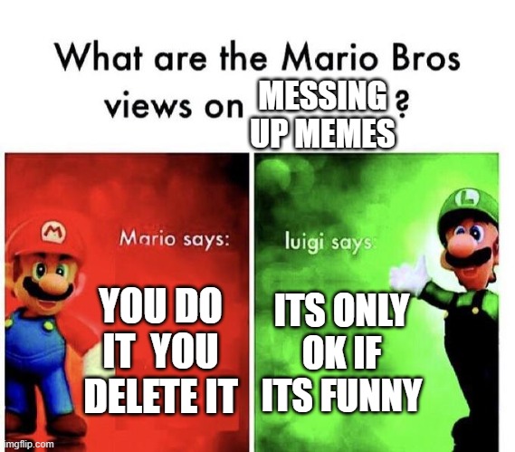 Mario Bros Views | MESSING UP MEMES; YOU DO IT  YOU DELETE IT; ITS ONLY OK IF ITS FUNNY | image tagged in mario bros views | made w/ Imgflip meme maker