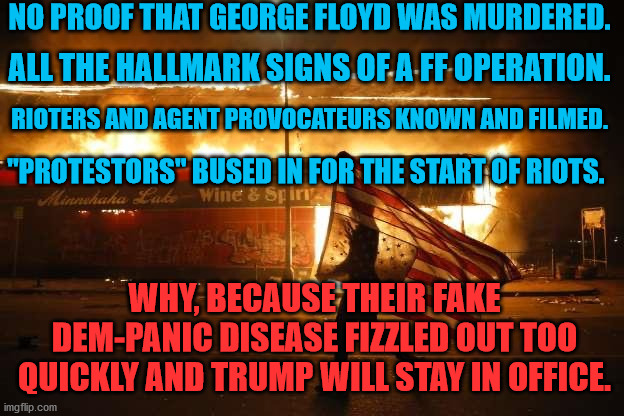 George Floyd | NO PROOF THAT GEORGE FLOYD WAS MURDERED. ALL THE HALLMARK SIGNS OF A FF OPERATION. RIOTERS AND AGENT PROVOCATEURS KNOWN AND FILMED. "PROTESTORS" BUSED IN FOR THE START OF RIOTS. WHY, BECAUSE THEIR FAKE DEM-PANIC DISEASE FIZZLED OUT TOO QUICKLY AND TRUMP WILL STAY IN OFFICE. | image tagged in george floyd | made w/ Imgflip meme maker