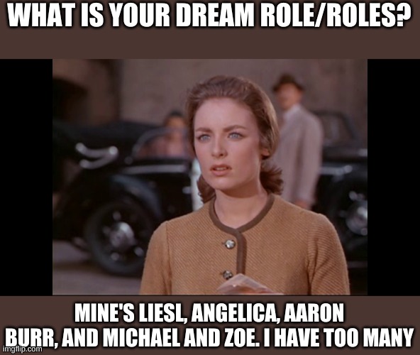 I love them all!! But my dream is to sing "Sixteen going on Seventeen" while I'm sixteen with a guy who's seventeen just for kic | WHAT IS YOUR DREAM ROLE/ROLES? MINE'S LIESL, ANGELICA, AARON BURR, AND MICHAEL AND ZOE. I HAVE TOO MANY | image tagged in sound of music,hamilton,be more chill,michael in the bathroom,i'm willing to wait for it,i am sixteen going on seventeen | made w/ Imgflip meme maker
