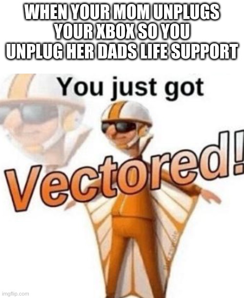 WHEN YOUR MOM UNPLUGS YOUR XBOX SO YOU UNPLUG HER DADS LIFE SUPPORT | image tagged in white meme,you just got vectored | made w/ Imgflip meme maker