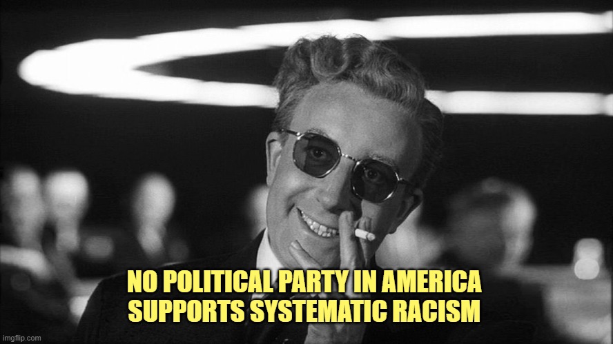 Doctor Strangelove says... | NO POLITICAL PARTY IN AMERICA 
 SUPPORTS SYSTEMATIC RACISM | image tagged in doctor strangelove says | made w/ Imgflip meme maker