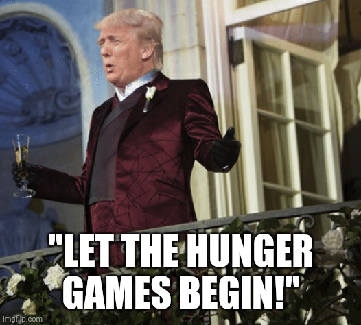 And just like that in 2020... | "LET THE HUNGER GAMES BEGIN!" | image tagged in donald trump,riots,protesters | made w/ Imgflip meme maker