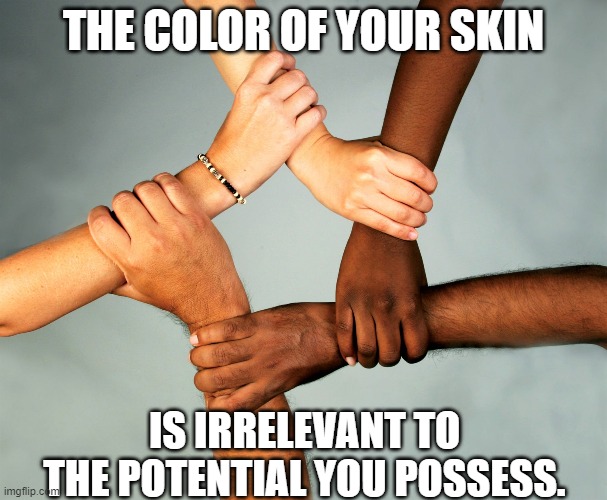 And Your Potential Is Limited Only By You... | THE COLOR OF YOUR SKIN; IS IRRELEVANT TO THE POTENTIAL YOU POSSESS. | image tagged in american diversity | made w/ Imgflip meme maker