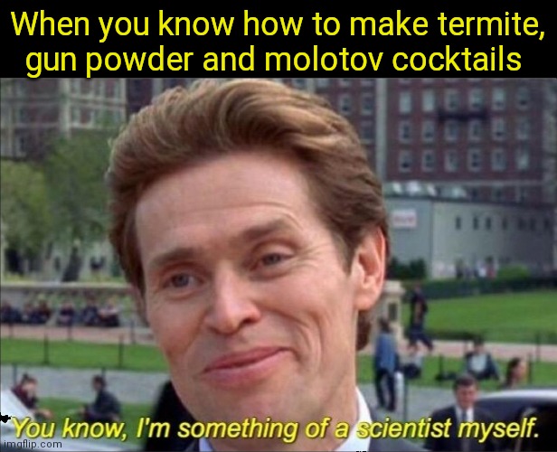 You know, I'm something of a scientist myself | When you know how to make termite, gun powder and molotov cocktails | image tagged in you know i'm something of a scientist myself | made w/ Imgflip meme maker