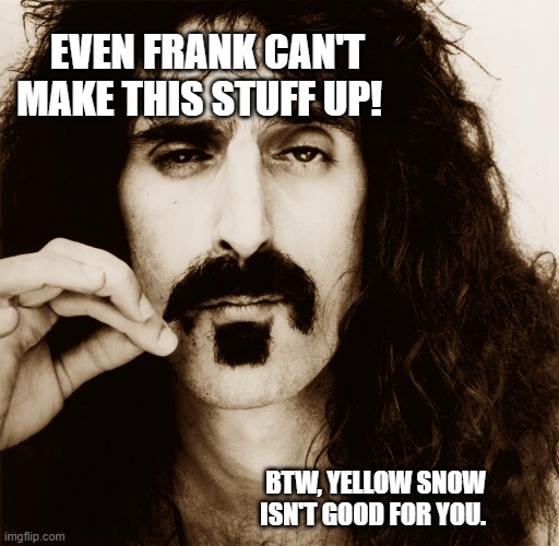 Frank Zappa |  EVEN FRANK CAN'T MAKE THIS STUFF UP! BTW, YELLOW SNOW ISN'T GOOD FOR YOU. | image tagged in frank zappa | made w/ Imgflip meme maker