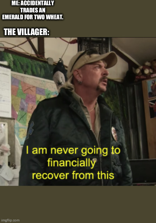Joe Exotic Financially Recover | ME: ACCIDENTALLY TRADES AN EMERALD FOR TWO WHEAT. THE VILLAGER: | image tagged in joe exotic financially recover | made w/ Imgflip meme maker