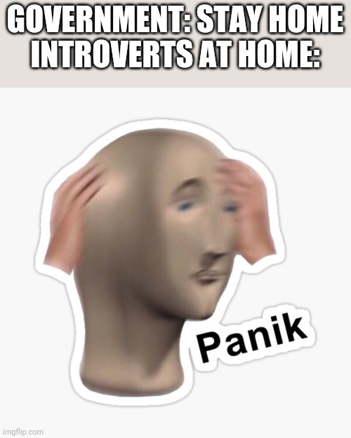 R u an introvert | GOVERNMENT: STAY HOME
INTROVERTS AT HOME: | image tagged in panik | made w/ Imgflip meme maker