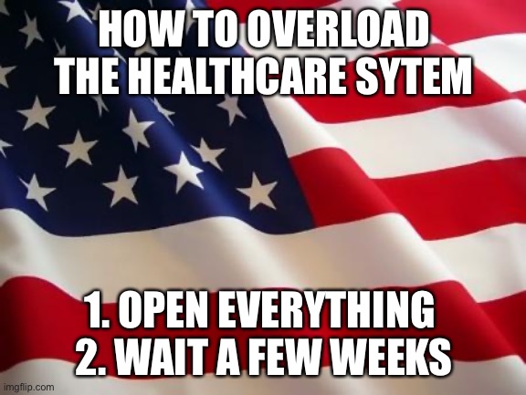 American flag | HOW TO OVERLOAD THE HEALTHCARE SYTEM 1. OPEN EVERYTHING 
2. WAIT A FEW WEEKS | image tagged in american flag | made w/ Imgflip meme maker