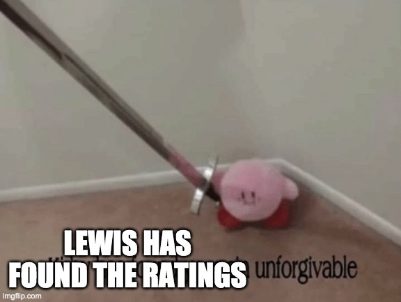 Kirby has found your sin unforgivable | LEWIS HAS FOUND THE RATINGS | image tagged in kirby has found your sin unforgivable | made w/ Imgflip meme maker