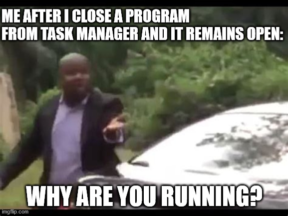 *Think out of the box* |  ME AFTER I CLOSE A PROGRAM FROM TASK MANAGER AND IT REMAINS OPEN:; WHY ARE YOU RUNNING? | image tagged in why are you running | made w/ Imgflip meme maker