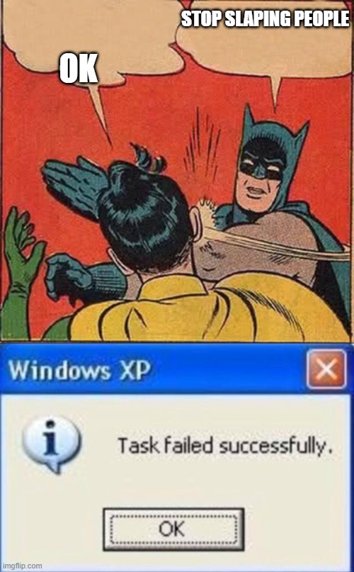 OK; STOP SLAPING PEOPLE | image tagged in memes,batman slapping robin,task failed successfully | made w/ Imgflip meme maker
