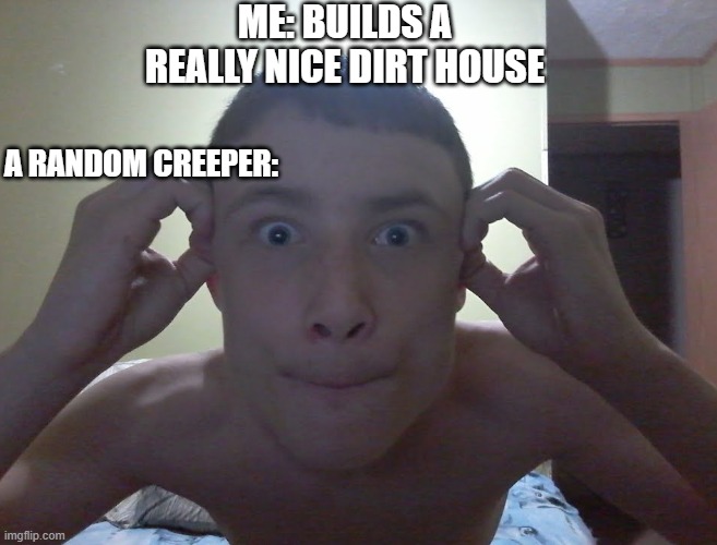 Eth0n1a, The Creeper |  ME: BUILDS A REALLY NICE DIRT HOUSE; A RANDOM CREEPER: | image tagged in eth0n1a,minecraft creeper | made w/ Imgflip meme maker