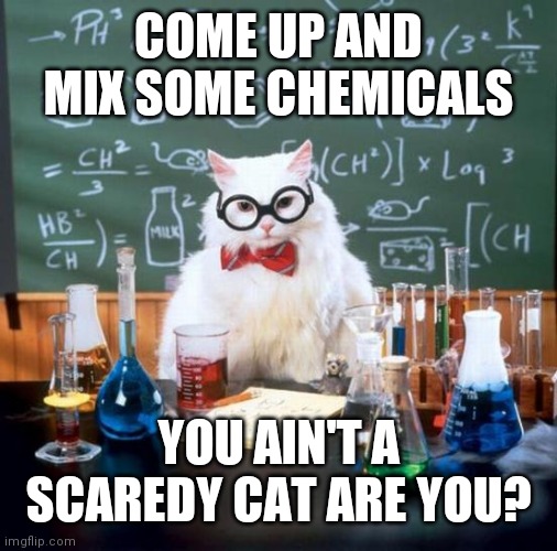 Chemistry Cat Meme | COME UP AND MIX SOME CHEMICALS; YOU AIN'T A SCAREDY CAT ARE YOU? | image tagged in memes,chemistry cat | made w/ Imgflip meme maker