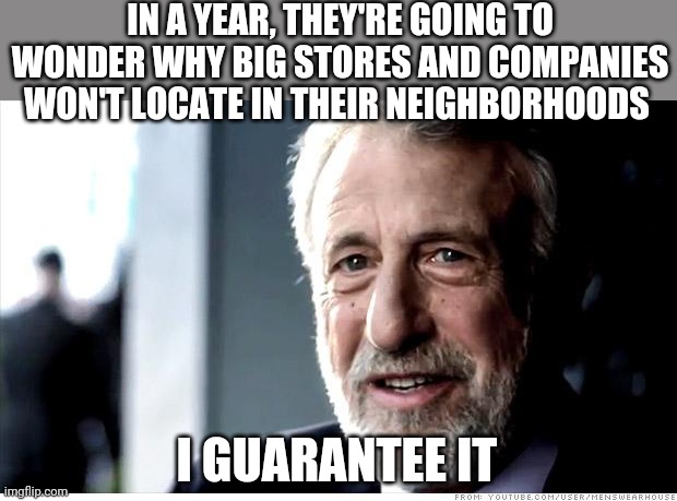 Riots |  IN A YEAR, THEY'RE GOING TO WONDER WHY BIG STORES AND COMPANIES WON'T LOCATE IN THEIR NEIGHBORHOODS; I GUARANTEE IT | image tagged in memes,i guarantee it | made w/ Imgflip meme maker