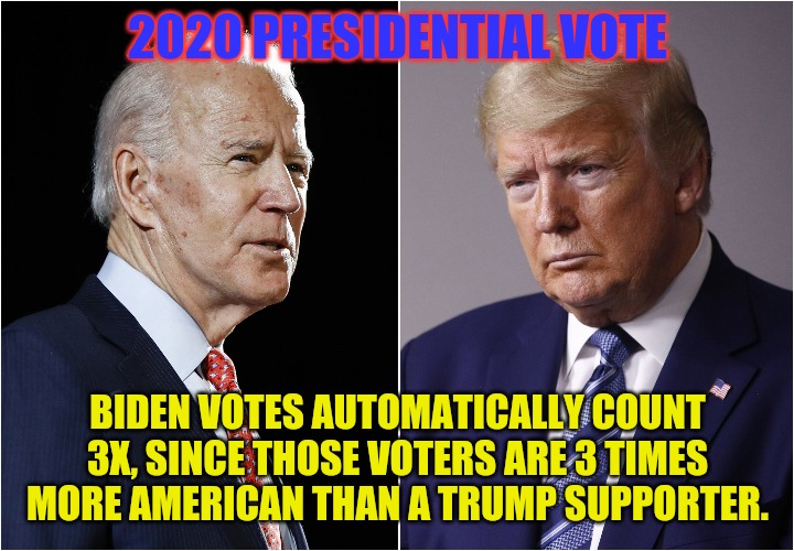 2020 Biden votes count 3x | 2020 PRESIDENTIAL VOTE; BIDEN VOTES AUTOMATICALLY COUNT 3X, SINCE THOSE VOTERS ARE 3 TIMES MORE AMERICAN THAN A TRUMP SUPPORTER. | image tagged in biden / trump | made w/ Imgflip meme maker