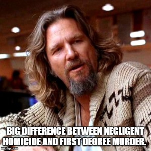 Confused Lebowski Meme | BIG DIFFERENCE BETWEEN NEGLIGENT HOMICIDE AND FIRST DEGREE MURDER. | image tagged in memes,confused lebowski | made w/ Imgflip meme maker