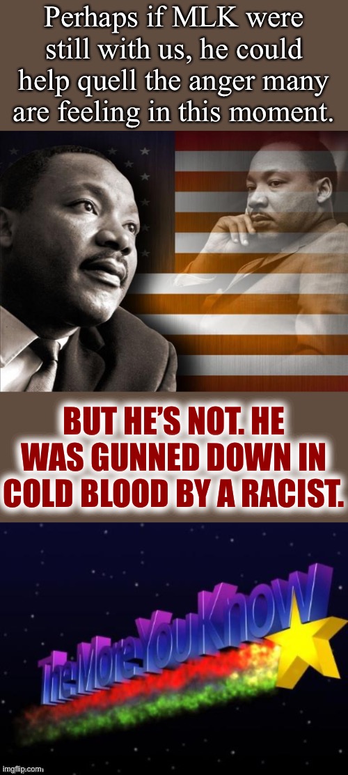 MLK’s assassination and the glacial pace of progress on racial equality over the past 50+ years have a lot to do with the riots. | Perhaps if MLK were still with us, he could help quell the anger many are feeling in this moment. BUT HE’S NOT. HE WAS GUNNED DOWN IN COLD BLOOD BY A RACIST. | image tagged in the more you know,mlk,racist,assassination,assassin,police brutality | made w/ Imgflip meme maker