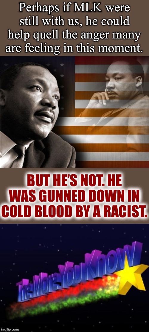 MLK’s assassination and the stalled progress on racial equality, as well as police brutality, have much to do with the riots. | image tagged in racism,mlk,riots,riot,police brutality,martin luther king jr | made w/ Imgflip meme maker