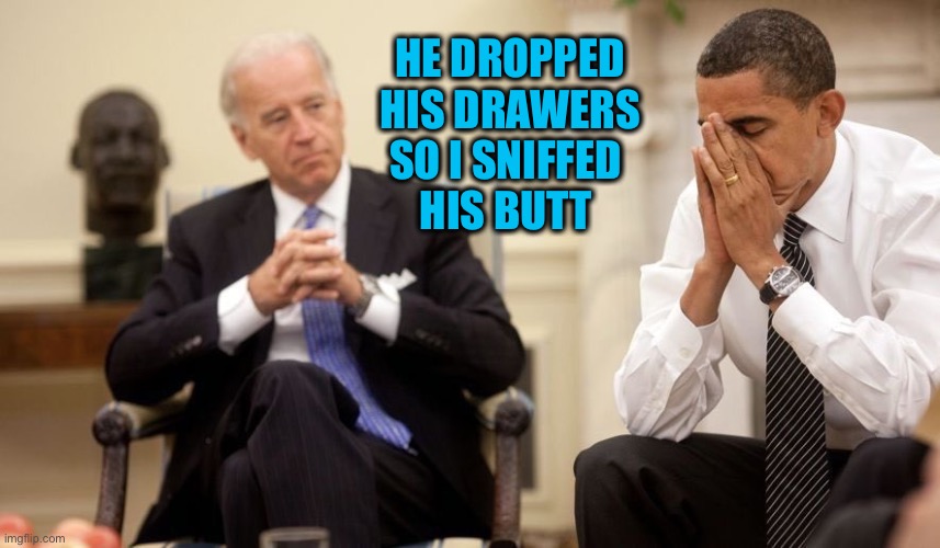 Biden Obama | HE DROPPED HIS DRAWERS
SO I SNIFFED 
HIS BUTT | image tagged in biden obama | made w/ Imgflip meme maker