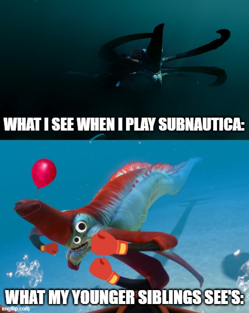 View Comparison in Subnautica | WHAT I SEE WHEN I PLAY SUBNAUTICA:; WHAT MY YOUNGER SIBLINGS SEE'S: | image tagged in subnautica,meme | made w/ Imgflip meme maker