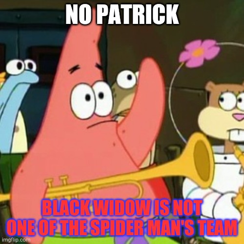 No Patrick | NO PATRICK; BLACK WIDOW IS NOT ONE OF THE SPIDER MAN'S TEAM | image tagged in memes,no patrick,black widow,marvel,spider man | made w/ Imgflip meme maker
