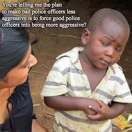 Your plan is what again? | You're telling me the plan to make bad police officers less aggressive is to force good police officers into being more aggressive? | image tagged in memes,third world skeptical kid | made w/ Imgflip meme maker