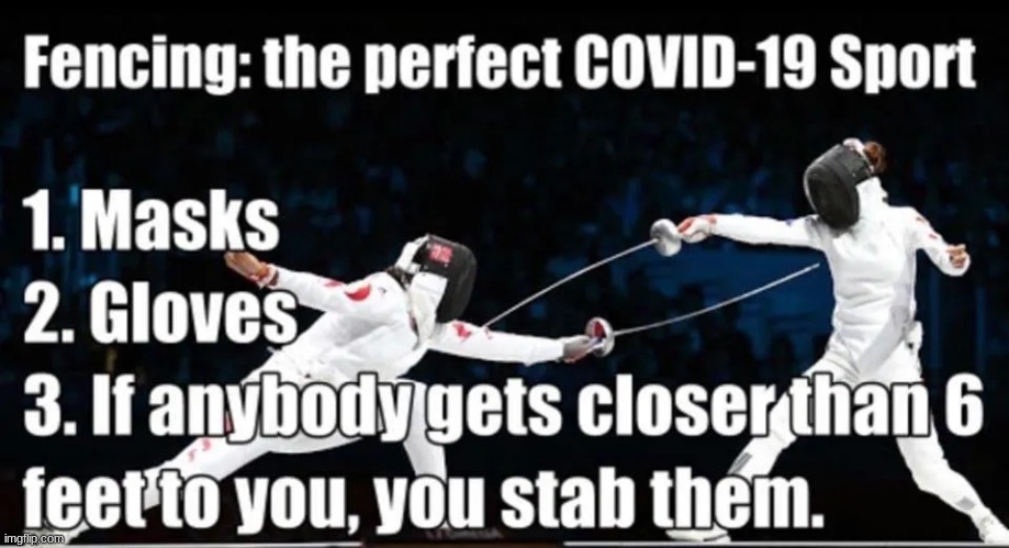 Fencing: The perfect COVID-19 sport!(got this from the internet, btw, but it was really funny, so i couldnt resist) | image tagged in fencing,its,the,perfect,covid 19,sport | made w/ Imgflip meme maker