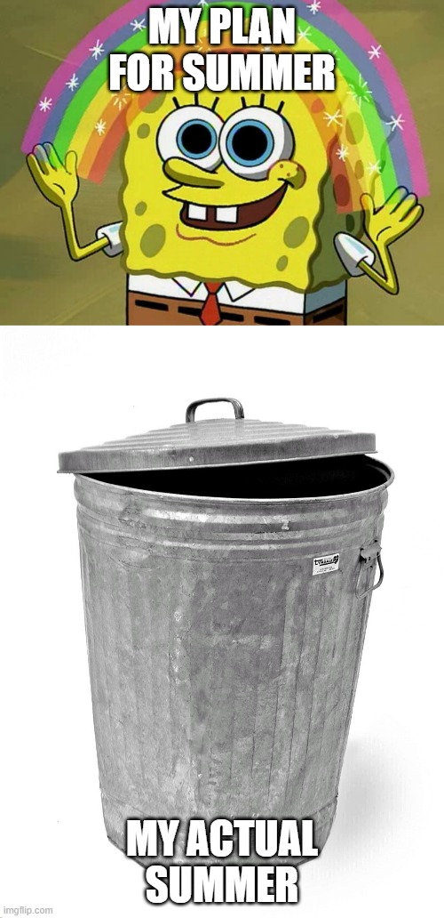 MY PLAN FOR SUMMER; MY ACTUAL SUMMER | image tagged in memes,imagination spongebob,trash can,sad,corona | made w/ Imgflip meme maker
