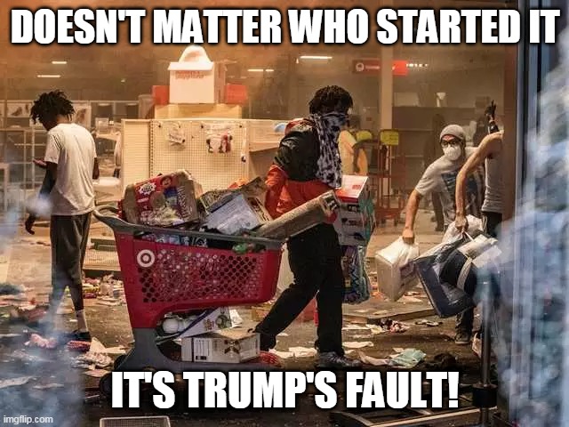 Orange man bad | DOESN'T MATTER WHO STARTED IT; IT'S TRUMP'S FAULT! | image tagged in trump,riots,looting | made w/ Imgflip meme maker