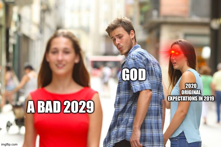 Distracted Boyfriend | GOD; 2020 ORIGINAL EXPECTATIONS IN 2019; A BAD 2029 | image tagged in memes,distracted boyfriend | made w/ Imgflip meme maker