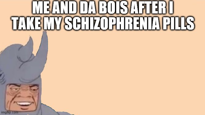 Me and the Boys Just Me | ME AND DA BOIS AFTER I TAKE MY SCHIZOPHRENIA PILLS | image tagged in me and the boys just me | made w/ Imgflip meme maker