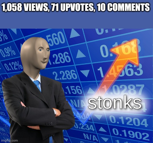 Trend | 1,058 VIEWS, 71 UPVOTES, 10 COMMENTS | image tagged in stonks,trends,upvotes | made w/ Imgflip meme maker