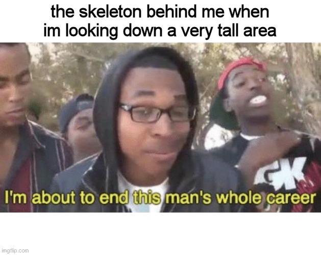 I’m about to end this man’s whole career | the skeleton behind me when im looking down a very tall area | image tagged in im about to end this mans whole career | made w/ Imgflip meme maker