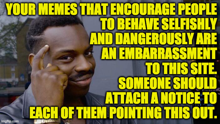 Roll Safe Think About It Meme | YOUR MEMES THAT ENCOURAGE PEOPLE
TO BEHAVE SELFISHLY
AND DANGEROUSLY ARE
AN EMBARRASSMENT
TO THIS SITE.
SOMEONE SHOULD
ATTACH A NOTICE TO
EA | image tagged in memes,roll safe think about it | made w/ Imgflip meme maker