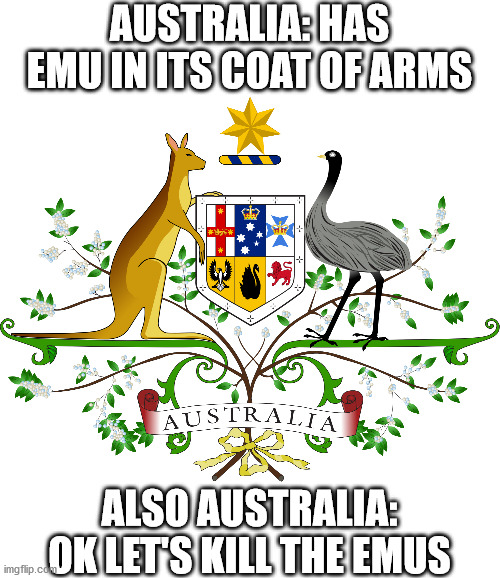 That was a costly decision | AUSTRALIA: HAS EMU IN ITS COAT OF ARMS; ALSO AUSTRALIA: OK LET'S KILL THE EMUS | image tagged in memes,emu,australia,history | made w/ Imgflip meme maker