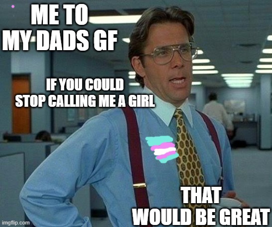 That Would Be Great | ME TO MY DADS GF; IF YOU COULD STOP CALLING ME A GIRL; THAT WOULD BE GREAT | image tagged in memes,that would be great | made w/ Imgflip meme maker