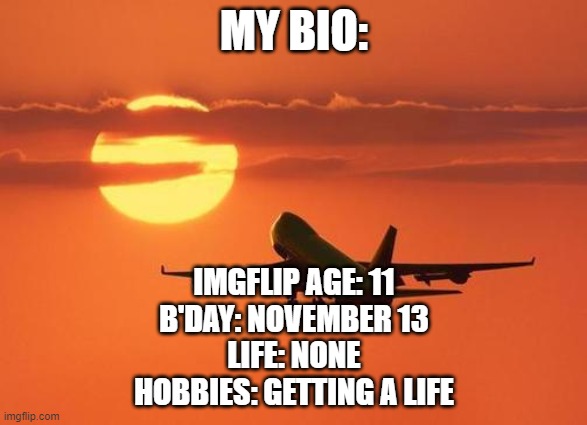 airplanelove | MY BIO:; IMGFLIP AGE: 11
B'DAY: NOVEMBER 13
LIFE: NONE
HOBBIES: GETTING A LIFE | image tagged in airplanelove | made w/ Imgflip meme maker