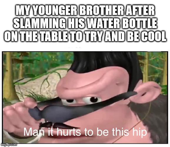 What a cool dude | MY YOUNGER BROTHER AFTER SLAMMING HIS WATER BOTTLE ON THE TABLE TO TRY AND BE COOL | image tagged in man it hurts to be this hip,memes,brothers | made w/ Imgflip meme maker