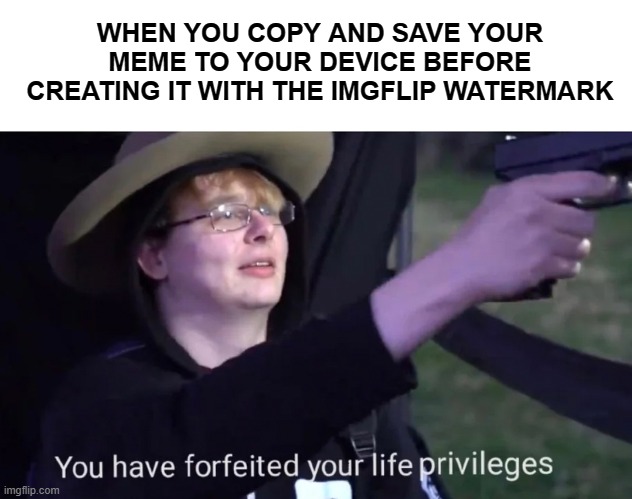 Watermarks | WHEN YOU COPY AND SAVE YOUR MEME TO YOUR DEVICE BEFORE CREATING IT WITH THE IMGFLIP WATERMARK | image tagged in you have forfeited life privileges | made w/ Imgflip meme maker