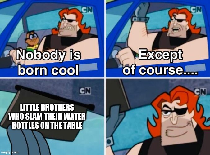 Nobody is born cool | LITTLE BROTHERS WHO SLAM THEIR WATER BOTTLES ON THE TABLE | image tagged in nobody is born cool | made w/ Imgflip meme maker