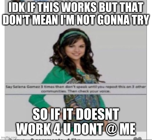 Don't @ me if this doesnt work, Im just trying it | IDK IF THIS WORKS BUT THAT DON'T MEAN I'M NOT GONNA TRY; SO IF IT DOESNT WORK 4 U DONT @ ME | image tagged in selena gomez | made w/ Imgflip meme maker