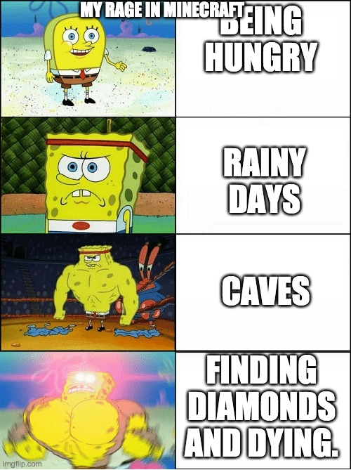 Sponge Finna Commit Muder | MY RAGE IN MINECRAFT; BEING HUNGRY; RAINY DAYS; CAVES; FINDING DIAMONDS AND DYING. | image tagged in sponge finna commit muder | made w/ Imgflip meme maker