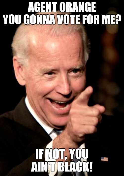 Smilin Biden Meme | AGENT ORANGE YOU GONNA VOTE FOR ME? IF NOT, YOU AIN'T BLACK! | image tagged in memes,smilin biden | made w/ Imgflip meme maker