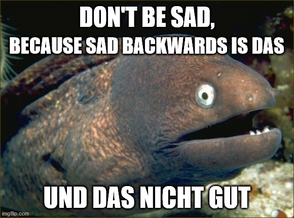 Don't be sad | DON'T BE SAD, BECAUSE SAD BACKWARDS IS DAS; UND DAS NICHT GUT | image tagged in memes,bad joke eel | made w/ Imgflip meme maker