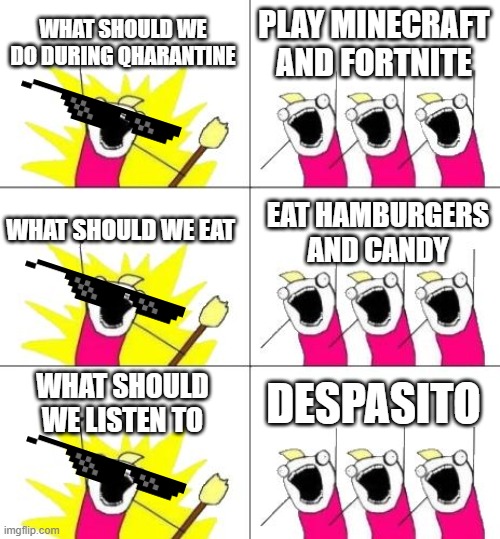 What to do during quarantine? | WHAT SHOULD WE DO DURING QHARANTINE; PLAY MINECRAFT AND FORTNITE; WHAT SHOULD WE EAT; EAT HAMBURGERS AND CANDY; WHAT SHOULD WE LISTEN TO; DESPASITO | image tagged in memes,what do we want 3 | made w/ Imgflip meme maker