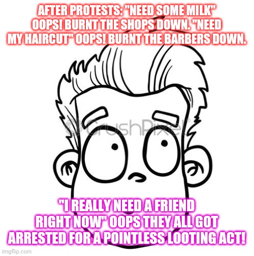 2020 protests/riots | AFTER PROTESTS: "NEED SOME MILK" OOPS! BURNT THE SHOPS DOWN. "NEED MY HAIRCUT" OOPS! BURNT THE BARBERS DOWN. "I REALLY NEED A FRIEND RIGHT NOW" OOPS THEY ALL GOT ARRESTED FOR A POINTLESS LOOTING ACT! | image tagged in 2020 protests/riots | made w/ Imgflip meme maker